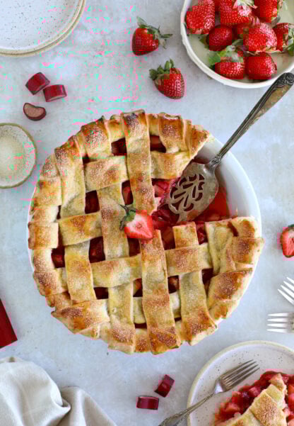 This strawberry rhubarb pie features a deliciously sweet and tart filling, encased in a flaky and buttery pie crust. It makes a beautiful summer dessert.